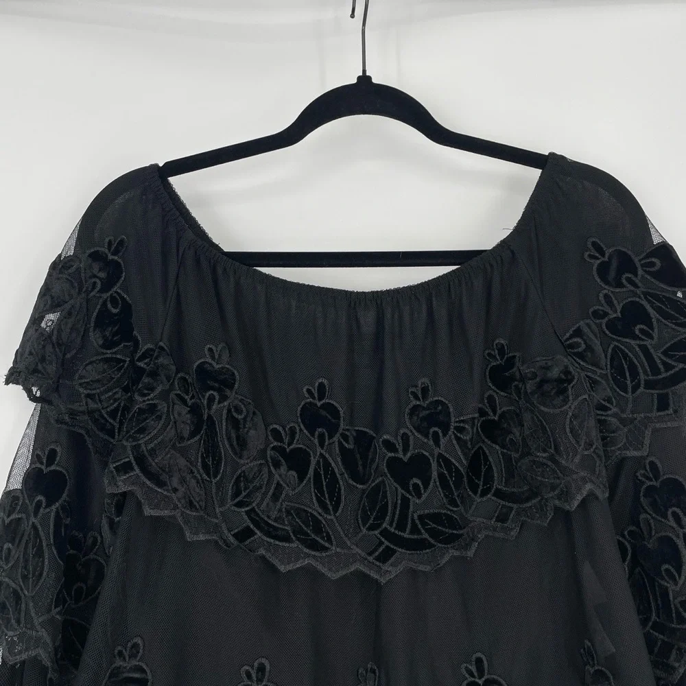 Endless Rose Women's Black Velvet Embroidery Ruffle Off-Shoulder Blouse Size S - Picture 6 of 9